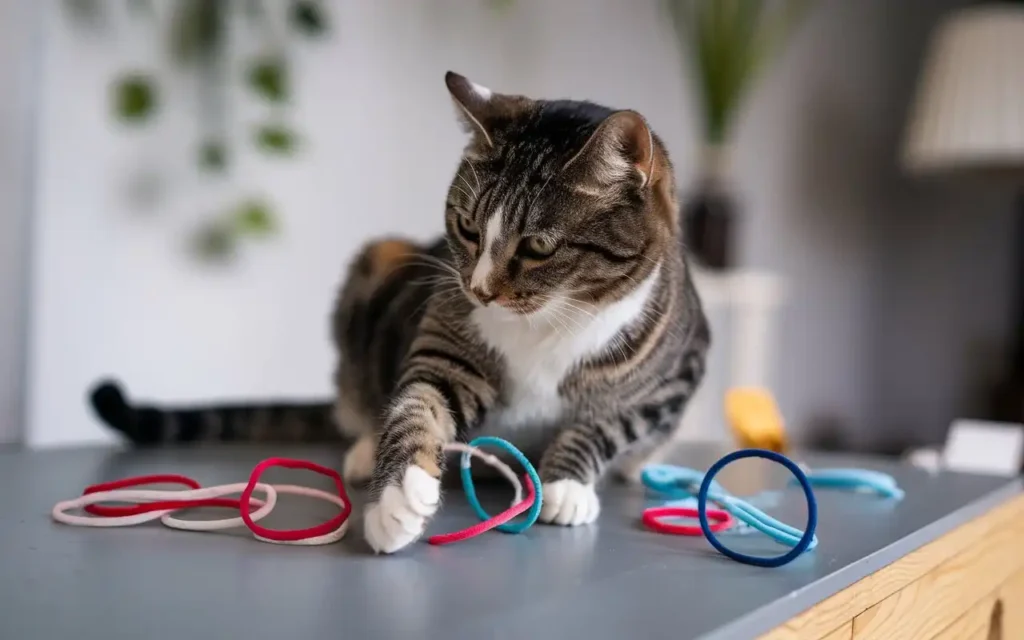 Cat playing with hair ties on a wooden surface