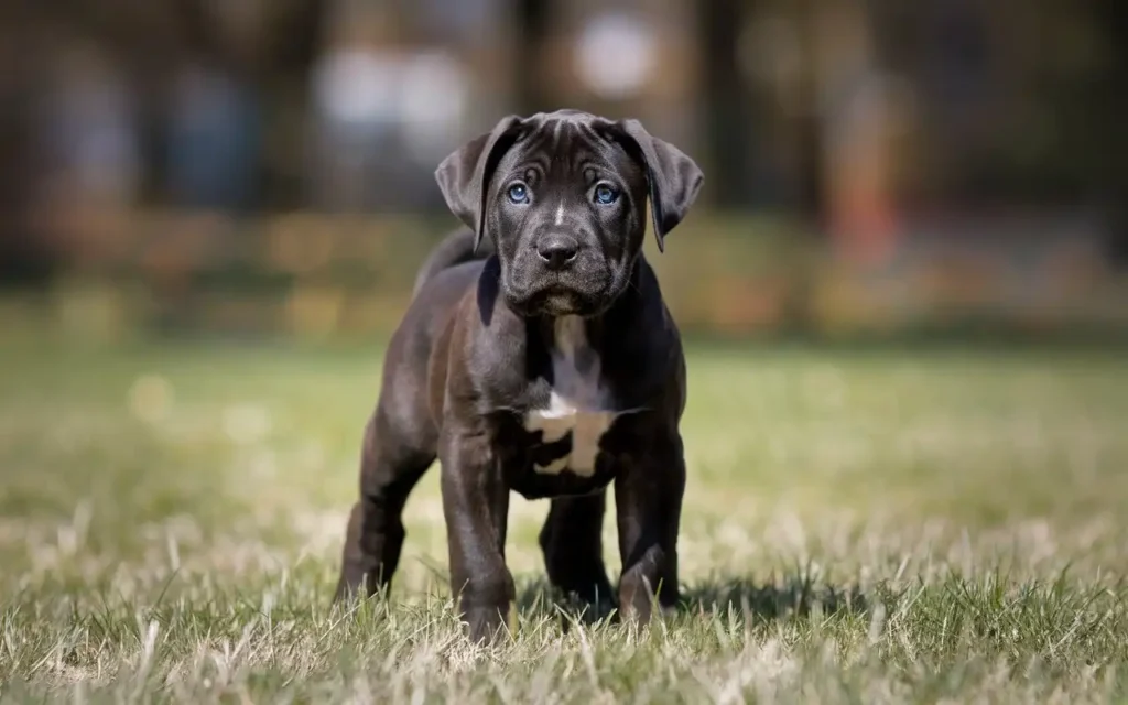 A photo of a young cane corso, a black puppy with striking blue eyes. The puppy is standing on a grassy field. The background is blurred and contains trees.