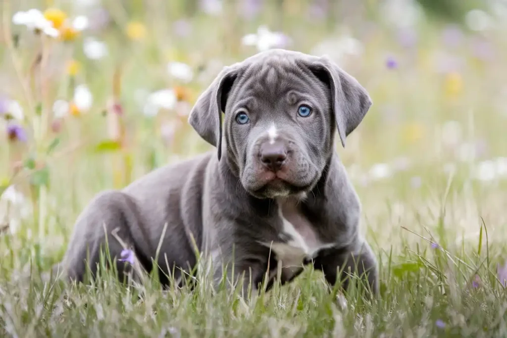 A photo of a young gray puppy with striking blue eyes. The puppy is sitting on a grassy field. The background is filled with wildflowers.