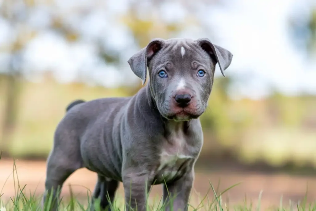 A photo of a young, gray puppy with striking blue eyes. The puppy is standing on grass and has its ears perked up. The background is a blurred landscape of trees and sky. The lighting is bright and warm.