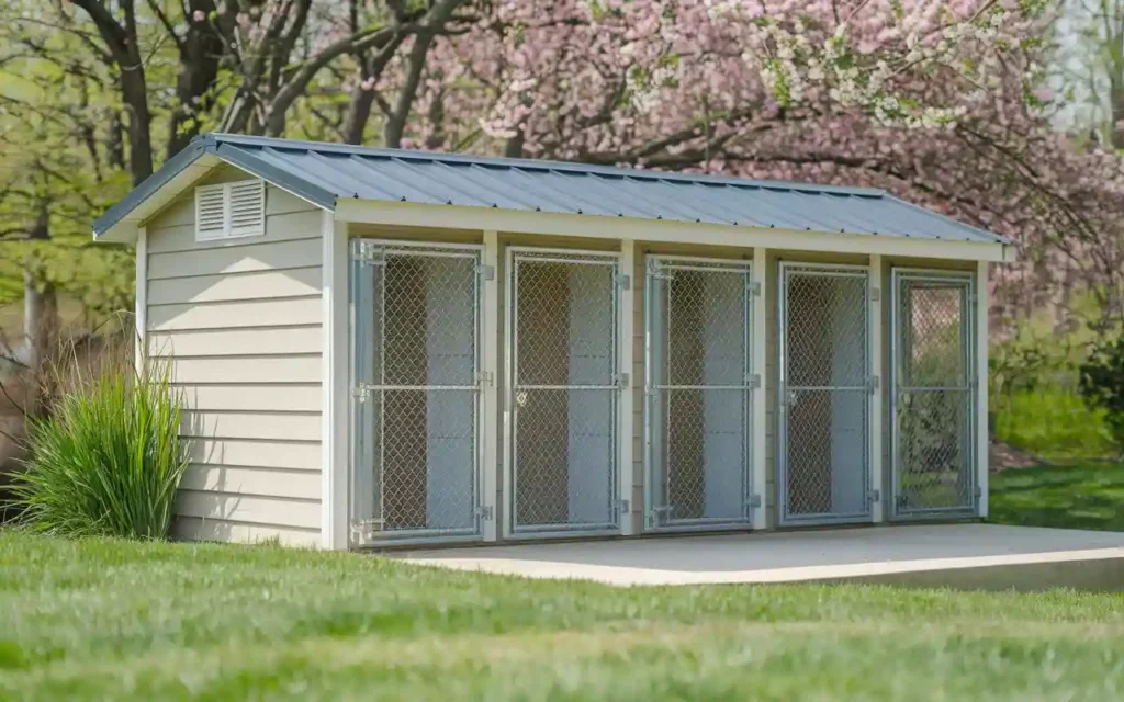 White multi-unit dog kennel with five mesh doors under blooming cherry trees 