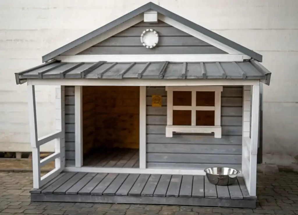 Grey and white dog kennel with metal roof and front porch with food bowl