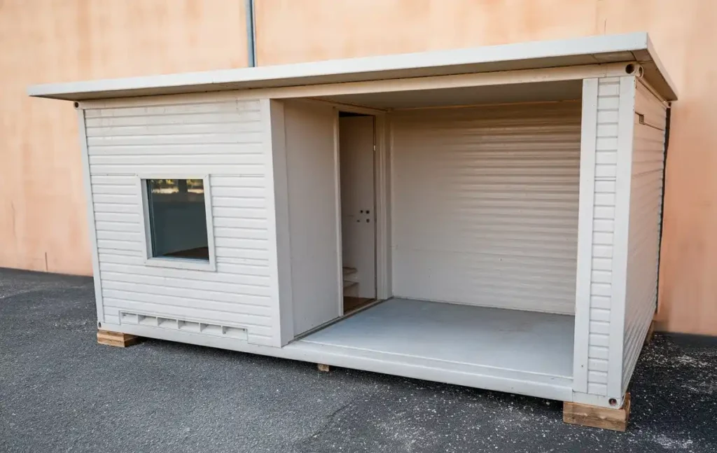 Modern white modular kennel with covered porch area and window