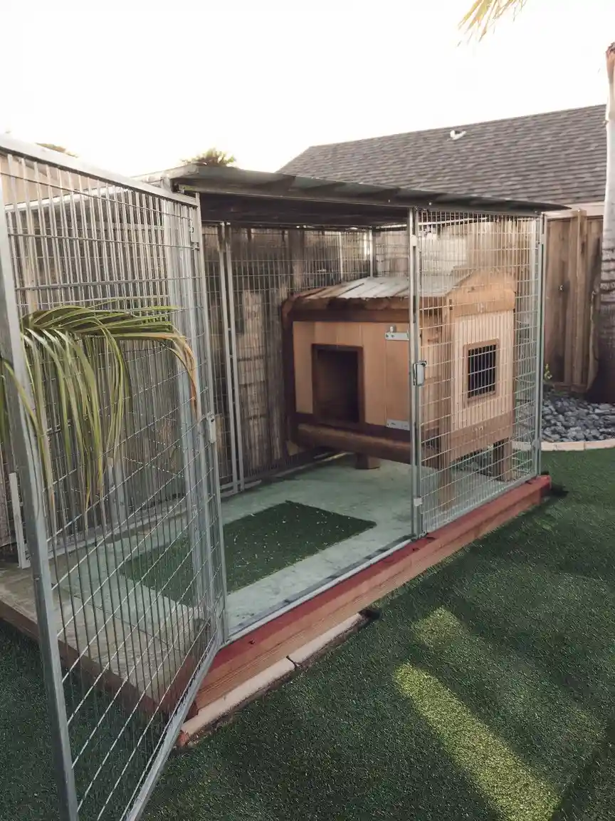 Large metal dog kennel with extended run area and covered doghouse