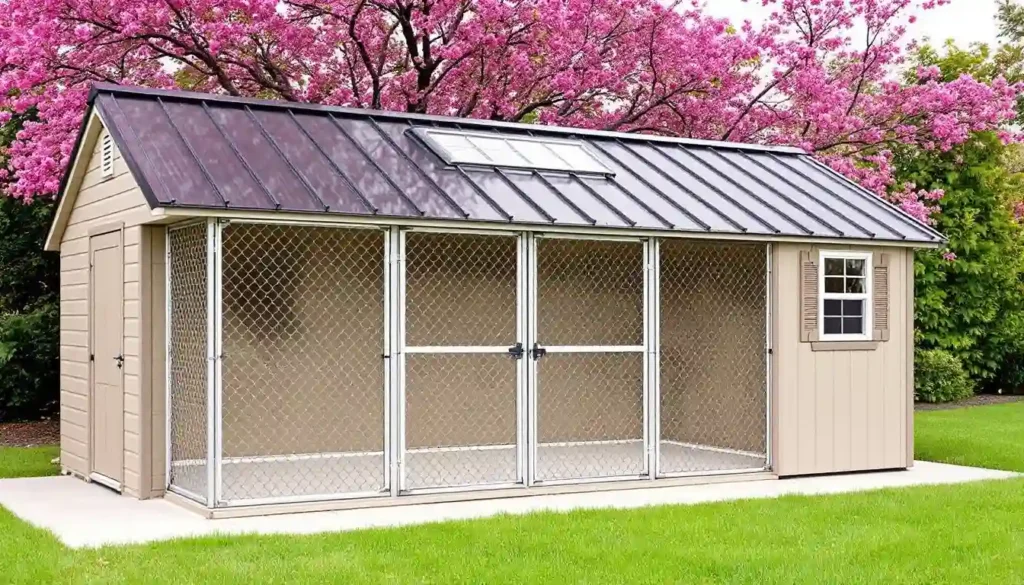 Large dog kennel with chain-link panels and attached storage room