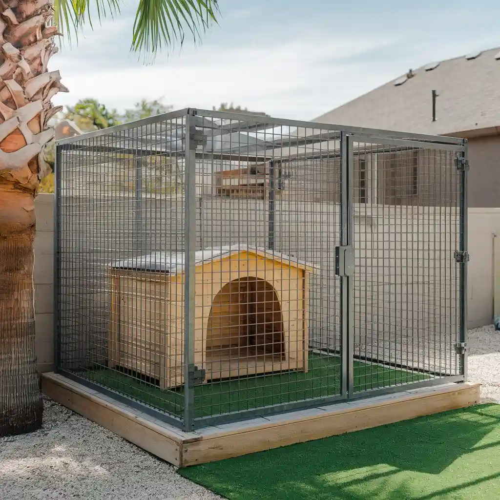 Metal framed dog kennel with wire mesh walls and wooden doghouse inside