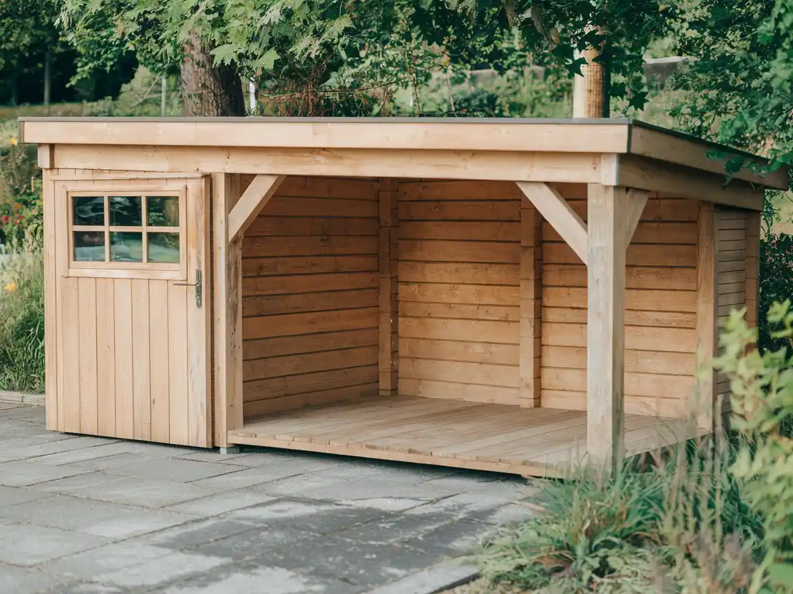 Open-sided wooden shelter with pitched roof and natural wood finish