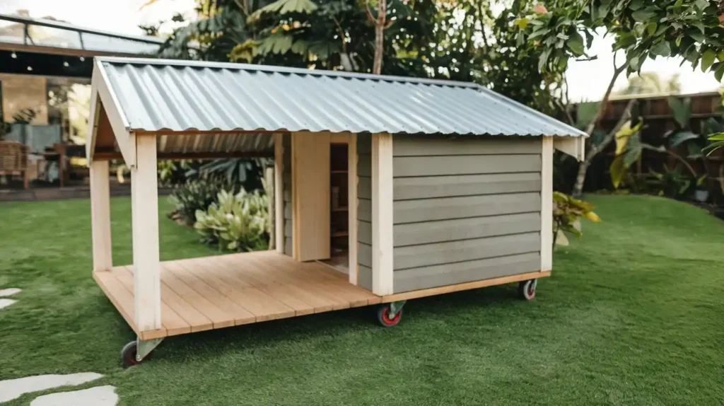 Wheeled dog kennel with front porch and gray siding