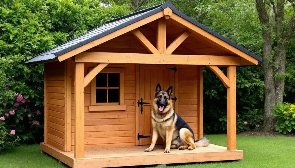 Wooden dog kennel with timber frame porch and German Shepherd sitting in front