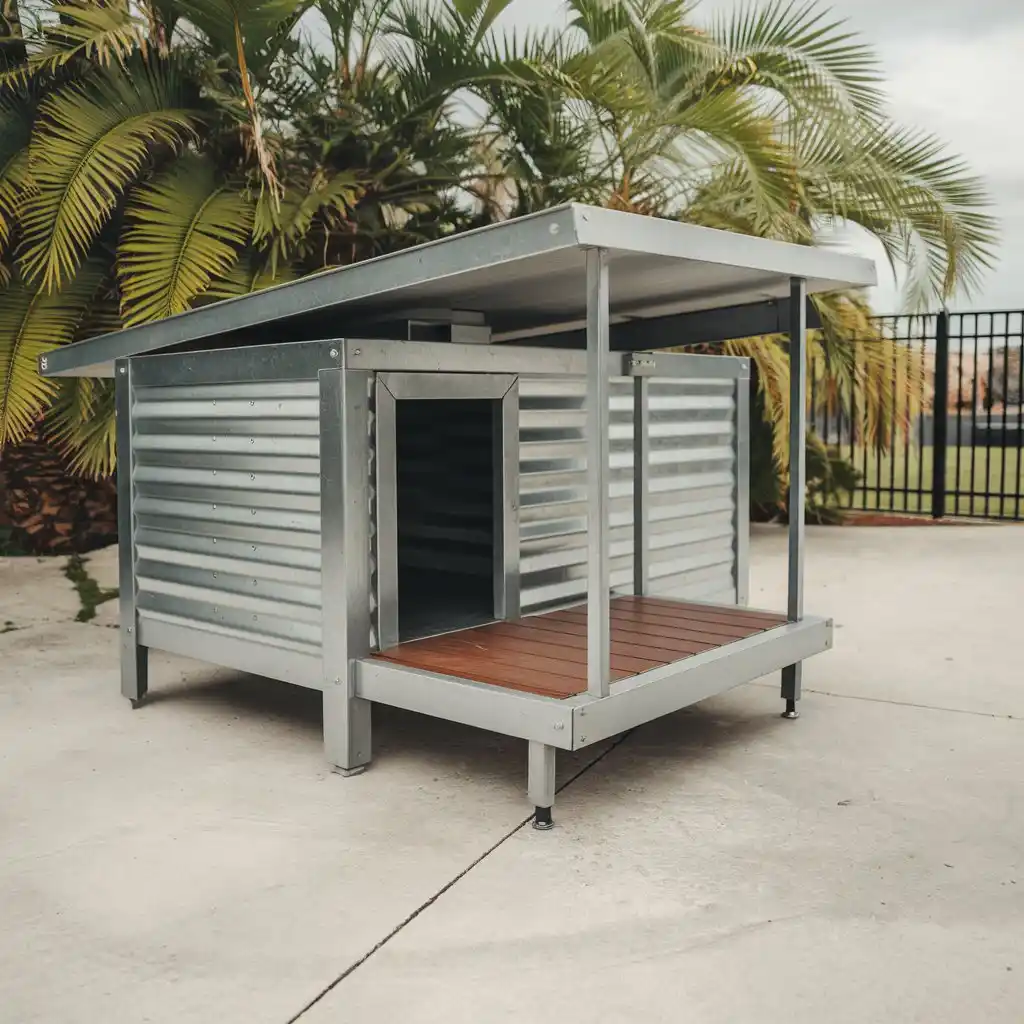 Modern steel dog kennel with metal siding and wooden side deck