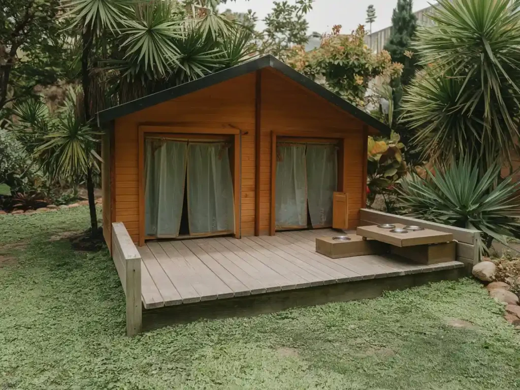 Wooden dog kennel with raised deck and twin doors, surrounded by palm trees