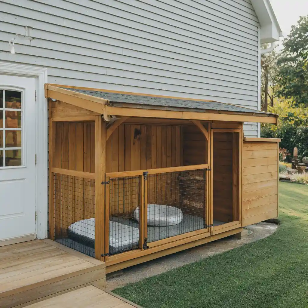 Wooden dog kennel attached to house siding with wire mesh front and slanted roof